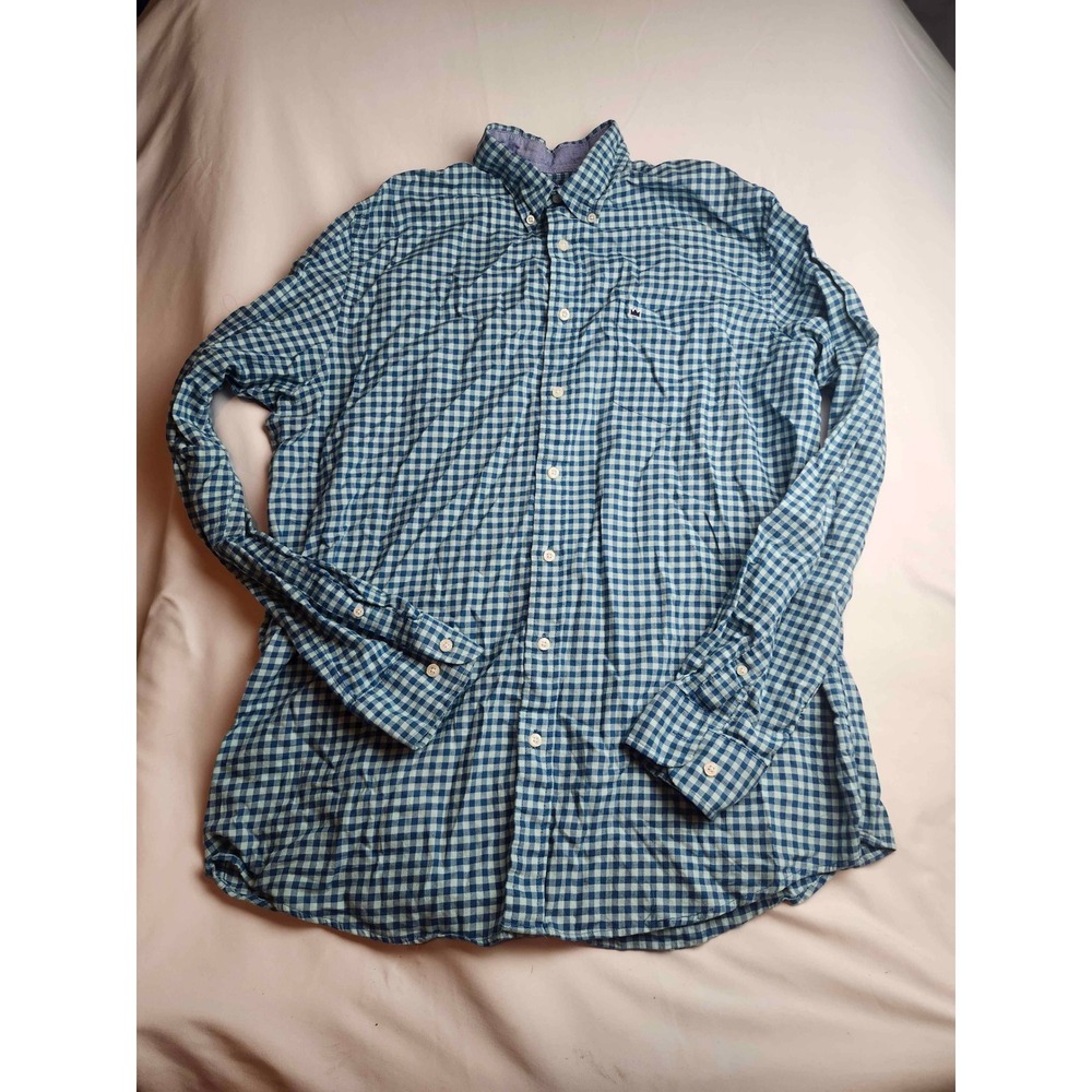 Crown & Ivy Mens LT Big & Tall Gingham Button Down Shirt Teal Blue